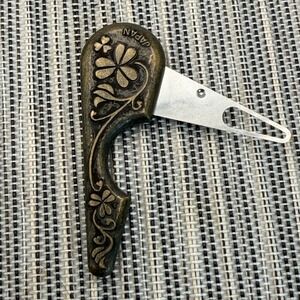 Clover Japan Vintage Needle Threader Antique Brass Floral Embossed Sewing Tool